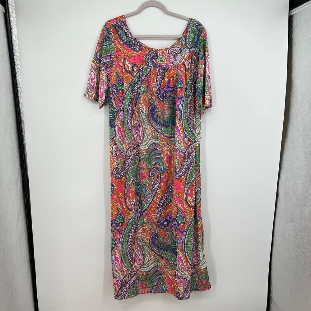 ILGWU Women's Geometric Paisley Multicolor Short Sleeves Midi Dress Mrs Roper
